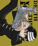  1boy beretta_92 black_hair black_jacket black_pants black_suit character_name closed_mouth collared_shirt death_the_kid dual_wielding fighting_stance finger_on_trigger frown furrowed_brow gun hair_between_eyes handgun hashtag-only_commentary highres holding holding_gun holding_weapon jacket male_focus multicolored_hair pants shirt short_hair skull_ring solo soul_eater striped_hair suit tosi_0604 two-tone_hair weapon white_hair white_shirt yellow_background yellow_eyes 