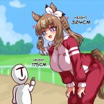  1girl 1other almond_eye_(umamusume) animal_ears blue_eyes blue_hair blue_sky bow bow_hairband braid breasts brown_tail cloud cloudy_sky commentary cross-shaped_pupils day english_commentary hair_ornament hairband hairclip hands_on_own_knees height_difference highres horse_ears horse_girl horse_racing_track jacket large_breasts leaning_forward long_hair looking_at_another multicolored_hair open_mouth outdoors pants red_jacket red_pants seireiart side_braid single_braid sky smile streaked_hair symbol-shaped_pupils t-head_trainer_(umamusume) tall_female thumbs_up too_many_hair_ornaments tracen_training_uniform track_jacket track_pants trainer_(umamusume) umamusume white_bow white_hairband x-shaped_pupils 