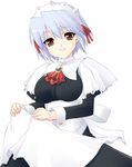  brooch brown_eyes jewelry kotonomiya_yuki long_sleeves maid maid_headdress ribbon short_hair silver_hair simple_background solo suigetsu takamura_kazuha white_background 