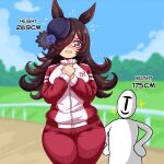  1girl 1other animal_ears black_hair blue_flower blue_rose blue_sky cloud cloudy_sky commentary day english_commentary flipped_hair flower flying_sweatdrops hair_over_one_eye hands_on_own_hips hat height_difference highres horse_ears horse_girl horse_racing_track jacket long_hair nervous outdoors own_hands_together pants purple_eyes purple_hat red_jacket red_pants rice_shower_(umamusume) rose seireiart sky t-head_trainer_(umamusume) tall_female tilted_headwear tracen_training_uniform track_jacket track_pants trainer_(umamusume) trembling umamusume 