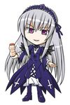  &gt;:) chibi cross date_(hoshikariza) dress full_body headdress holding inverted_cross layered_dress long_hair looking_at_viewer lowres purple_dress purple_eyes ringed_eyes rozen_maiden silver_hair simple_background smile solo standing suigintou v-shaped_eyebrows white_background yakult 