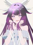  1girl absurdres bare_shoulders black_hair blue_dress blush bright_pupils columbina_(genshin_impact) dress genshin_impact hands_up hashtag-only_commentary head_wings highres holding holding_own_hair long_hair looking_at_viewer multicolored_hair off-shoulder_dress off_shoulder open_mouth purple_eyes purple_hair simple_background smile solo streaked_hair tsuyu_yomi two-tone_hair upper_body watermark white_background white_pupils white_wings wings 