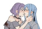 2girls bang_dream! bang_dream!_it's_mygo!!!!! bite_mark bite_mark_on_arm biting biting_another's_lip black_choker black_ribbon blue_hair blush choker choker_pull commentary ear_blush grey_jacket grey_shirt hair_ribbon hand_on_another's_neck haneoka_school_uniform hashtag-only_commentary hickey highres jacket jenjen long_hair multiple_girls off-shoulder_shirt off_shoulder pink_eyes purple_hair ribbon school_uniform shirt short_hair simple_background togawa_sakiko two_side_up white_background yellow_eyes yuri yuutenji_nyamu 