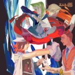  1girl 4girls 7zhby :d ace_(playing_card) ace_attorney ace_of_spades aged_down antenna_hair apollo_justice apollo_justice:_ace_attorney back-to-back badge bed_sheet black_background blonde_hair blood blood_drip blood_splatter blue_cape blue_jacket blue_necktie blue_suit book bracelet brown_hair bullet_hole buttons cape card club_(shape) collared_shirt diamond_(shape) diamond_button different_reflection drill_hair forked_eyebrows formal_clothes from_side giving glasses gloves hair_between_eyes hair_over_shoulder hashtag-only_commentary hat highres holding holding_badge holding_book holding_card holding_panties holding_paper holding_sheet holding_underwear holding_unworn_clothes jacket jewelry klavier_gavin kristoph_gavin lapel_pin lapels long_hair long_sleeves looking_at_another magician medium_hair multiple_boys multiple_girls necktie opaque_glasses open_book open_mouth outstretched_arm panties paper phoenix_wright playing_card presenting red_vest reflection shirt short_hair side_drill sleeves_rolled_up smile spade_(shape) spiked_hair suit suit_jacket top_hat trucy_wright underwear upper_body vest white_gloves white_shirt 