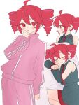  1girl ahoge closed_eyes commentary_request detached_sleeves drill_hair grey_shirt grey_skirt highres kasane_teto kasane_teto_(utau) komori_kamome long_sleeves looking_at_viewer looking_to_the_side multiple_views pink_track_suit red_eyes red_hair shirt skirt sleeping track_suit twin_drills utau 
