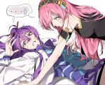  ... 1boy 1girl armband black_shirt blue_bodysuit blue_eyes bodysuit breasts clenched_teeth corrupted_twitter_file ducky102938 embarrassed girl_on_top hair_between_eyes hair_ornament hand_up hashtag-only_commentary headphones highres jacket kamui_gakupo layered_sleeves light_blush long_hair looking_at_viewer looking_to_the_side lying megurine_luka multicolored_bodysuit number_tattoo on_back on_floor pink_hair ponytail purple_bodysuit purple_hair purple_nails shared_speech_bubble shirt shoulder_tattoo simple_background sleeveless sleeveless_shirt small_sweatdrop speech_bubble spoken_ellipsis spoken_sweatdrop sweatdrop tattoo teeth vocaloid white_background white_jacket wide-eyed 