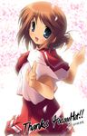  blue_eyes brown_hair cherry_blossoms cowboy_shot eyebrows_visible_through_hair folded_ponytail from_behind hits kantoku komaki_manaka looking_at_viewer looking_back open_mouth outstretched_arms pleated_skirt red_skirt school_uniform serafuku short_sleeves skirt solo spread_arms to_heart_2 