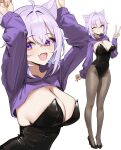  1girl :d ;) ahoge animal_ears arms_up black_leotard black_shoes breasts cat_ears cat_girl cat_tail cleavage commentary covered_navel crossed_bangs double-parted_bangs fang full_body hair_between_eyes hand_up haro_art high_heels highleg highleg_leotard highres hololive hooded_shrug large_breasts leotard long_sleeves looking_at_viewer messy_hair multiple_views nekomata_okayu one_eye_closed pantyhose playboy_bunny purple_eyes purple_hair purple_shrug rabbit_pose shoes short_hair shrug_(clothing) simple_background skin_fang smile strapless strapless_leotard tail v virtual_youtuber white_background 
