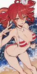  1girl ai-generated arched_back arm_up armpits beach bikini breasts collarbone from_above highres kasane_teto kasane_teto_(utau) medium_breasts narrow_waist ocean red_eyes red_hair ringlets sidelocks solo striped_bikini striped_clothes swimsuit twintails utau warotamin3 waves 