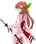  95-tan artist_request brown_hair grey_eyes half_updo holding holding_sword holding_weapon japanese_clothes katana long_hair long_sleeves lowres os-tan solo sword weapon 