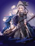  1girl absurdres arknights black_dress black_hat chinese_commentary closed_mouth commentary_request dress full_body grey_hair grey_hat hair_between_eyes hat highres holding holding_weapon huge_weapon long_dress long_hair long_sleeves looking_at_viewer purple_background red_eyes sakuratani_hane smile solo specter_(arknights) specter_the_unchained_(arknights) standing strap twitter_username two-sided_fabric two-sided_headwear weapon 