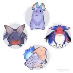  absurdres brown_eyes circle closed_eyes commentary_request copyright_name creature creature_focus fulgur_anjanath highres horns ikuchi_osutega monster_hunter:_world monster_hunter_(series) monster_hunter_world:_iceborne multicolored_fur namielle nergigante no_humans open_mouth rabbit rearing sharp_teeth simple_background spikes striped_fur teeth tzitzi-ya-ku whiskers white_background 