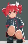  1girl ahoge buttons deli_mage drill_hair hand_on_own_face highres kasane_teto kasane_teto_(sv) light_smile red_eyes red_hair solo squatting synthesizer_v tagme twin_drills upskirt utau 
