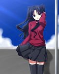  black_eyes black_hair black_legwear fate/stay_night fate_(series) hand_behind_head long_hair long_sleeves looking_at_viewer lowres senji_(tegone_spike) skirt solo thighhighs toosaka_rin turtleneck two_side_up wind zettai_ryouiki 