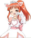  animal_ears blush cat_ears dress elbow_gloves fang fushigiboshi_no_futago_hime gloves jewelry leonne mutsuki_(moonknives) necklace one_eye_closed orange_eyes orange_hair ponytail simple_background solo tears tiara white_background white_gloves wiping_tears 