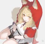  1girl animal_ear_fluff animal_ears arknights arknights:_endfield belt black_gloves blonde_hair cape dress fingerless_gloves gloves high_belt highres hood hooded_cape jewelry long_hair looking_at_viewer low-tied_sidelocks necklace open_mouth red_cape rossi_(arknights) shadow sidelocks simple_background sitting solo sorotu tail tooth_necklace wariza white_dress wolf_ears wolf_girl wolf_tail yellow_eyes 
