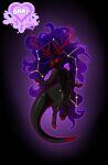  black_body constellation_markings crystal crystal_horn glowing glowing_eyes hair hi_res kobold muscular mythological_creature mythology null pseudo_hair pseudo_horn pupils purple_hair red_eyes scalie shortstack smoke smoke_hair star succubusbnny white_pupils wide_hips 