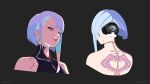  1girl asymmetrical_bangs asymmetrical_hair back_tattoo black_background black_leotard concept_art cyberpunk:_edgerunners cyberpunk_(series) cyborg eyeliner from_behind leotard lucy_(cyberpunk) makeup multicolored_hair multicolored_leotard multiple_views official_art orange_hair parted_lips pink_hair rainbow_hair red_eyeliner red_leotard short_hair_with_long_locks simple_background subdermal_port tattoo topless_female two-tone_leotard upper_body yoshinari_you 