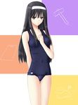  artist_request black_eyes black_hair hairband hand_on_own_chest long_hair one-piece_swimsuit school_swimsuit solo swimsuit toono_akiha tsukihime white_hairband 