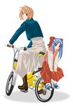  arcueid_brunestud back-to-back bicycle blonde_hair blue_hair boots bow full_body ground_vehicle hair_bow half_updo head_tilt height_difference hood hoodie jacket len long_hair long_skirt long_sleeves looking_back looking_down multiple_girls multiple_riders pillion pointy_ears red_eyes red_skirt riding shoes short_hair simple_background sitting skirt sneakers toshibou_(satsukisou) tsukihime very_long_hair white_skirt 