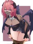  1girl 8gjn306x3j60992 black_dress black_thighhighs black_wings border breasts commentary_request corrupted_twitter_file dress highres large_breasts leaning_forward looking_at_viewer mask mouth_mask pantyhose pink_hair purple_background purple_eyes ramiel_(zenless_zone_zero) see-through_cleavage see-through_clothes short_hair solo thighhighs thighhighs_over_pantyhose undressing white_border wings zenless_zone_zero 