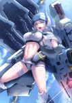  1girl absurdres bandaged_leg bandaged_waist bandages blue_sky breasts capelet cloak cloud commentary day dog_tags goddess_of_victory:_nikke hair_between_eyes head-mounted_display highres large_breasts long_hair looking_at_viewer mechanical_arms midriff navel official_alternate_costume official_alternate_design open_mouth scar scar_on_leg scar_on_stomach scar_on_thighs shirt sidelocks single_mechanical_arm sky snow_white_(heavy_arms)_(nikke) snow_white_(nikke) solo stella_(stella) teeth toned toned_female torn_capelet torn_cloak torn_clothes upper_teeth_only visor_(armor) visor_lift white_cloak white_hair white_shirt yellow_eyes 