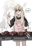  1girl ahoge apron black_shirt blonde_hair cho_kaguya-hime! commentary_request cooking english_text food grill grilling grin happy_okuba highres holding holding_tongs kaguya_(cho_kaguya-hime!) long_hair pink_apron shirt short_sleeves smile solo sparkle_background steak sunglasses thumbs_up tongs white_background 
