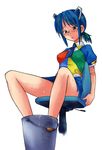  2k-tan blue_hair blush bucket chair colorized glasses hinemosu_notari necktie os-tan ponytail sitting solo sweat yellow_eyes 