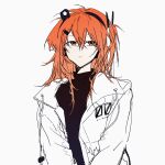  1girl :| a.i._voice acostasu adachi_rei arms_at_sides black_sweater bright_pupils closed_mouth double-parted_bangs drawstring flat_chest grey_background hair_between_eyes hair_ornament hair_ribbon hatching_(texture) headlamp headphones highres hood hood_down hooded_jacket jacket long_sleeves medium_hair one_side_up open_clothes open_jacket orange_eyes orange_hair puffy_long_sleeves puffy_sleeves radio_antenna ribbon sidelocks simple_background solo straight-on sweater turtleneck turtleneck_sweater upper_body utau white_jacket white_ribbon zipper 