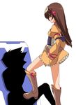  1girl boots brown_eyes brown_hair crotch_stomping drop_shadow hair_ribbon hands_on_hips knee_boots long_hair long_sleeves re_mii ribbon ruuji_familon shiikeru shoejob silhouette simple_background solo_focus stomping white_background zoids zoids_genesis 