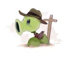  artist_name black_eyes brown_hat chinese_commentary commentary_request cowboy_hat crack cross dirt film_grain from_side halftone hat hightguy leaf leaning_forward looking_ahead no_humans open_mouth peashooter_(plants_vs._zombies) plant plant_focus plants_vs._zombies red_scarf scarf solid_oval_eyes solo sprout 