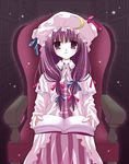  book bow chair crescent dress hair_ribbon hat holding holding_book library light_particles long_hair open_book patchouli_knowledge pink_bow purple_eyes purple_hair ribbon shirogane_hina sitting solo striped striped_dress touhou tress_ribbon twintails vertical_stripes 