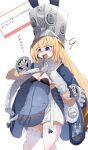  1boy 1girl ^^^ absurdres blonde_hair blue_jacket blush breasts caseee999 cleavage commentary_request cowboy_shot disembodied_hand gloves grey_hat hat highres jacket large_hat long_hair norma_(zenless_zone_zero) open_mouth purple_eyes small_breasts sweat thighhighs translation_request v-shaped_eyebrows white_background white_gloves white_thighhighs zenless_zone_zero 