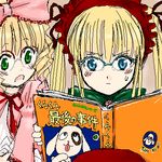  artist_request bespectacled blonde_hair blue_eyes blush bonnet book bow glasses green_eyes hair_ribbon hina_ichigo kunkun long_sleeves lowres multiple_girls oekaki open_mouth pink_bow reading ribbon rozen_maiden shinku sweatdrop twintails 