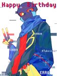 1boy \||/ alternate_universe black_jacket black_pants blue_eyes blue_scarf closed_mouth colored_sclera commentary_request english_text errortale expressionless from_below frown glitch gloves hand_up happy_birthday jacket lapels male_focus mei_(tuboishi) multicolored_eyes open_clothes open_jacket pants raised_eyebrow red_sclera red_shirt sans_(undertale) scarf shirt simple_background single_eyebrow solo twitter_username two-sided_gloves two-tone_eyes undertale upper_body utdr_(toby_fox) v white_background yellow_eyes yellow_sleeves yellow_trim 