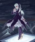  albino bangs boots dress eyebrows_visible_through_hair feathers full_body gothic_lolita hairband holding_feather lolita_fashion lolita_hairband long_hair long_sleeves looking_at_viewer red_eyes rozen_maiden silver_hair slit_pupils smile solo standing suigintou ugai_yuichi white_hair wings 