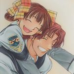  1girl arms_around_neck artist_request bow brown_hair closed_eyes grin gunparade_march hair_ribbon higashihara_nonomi hug hug_from_behind long_sleeves ribbon sepia_background setoguchi_takayuki short_hair smile uniform yellow_bow 