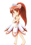  animal_ears artist_request barefoot blush brown_hair cat_ears embarrassed fushigiboshi_no_futago_hime leonne long_hair orange_eyes orange_hair ponytail solo strap_slip tiara 