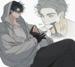  1boy 4littlemore animal_ear_helmet animal_ears animal_helmet barcode barcode_tattoo black_gloves black_hair black_pants cat_ears cat_helmet crew_neck crossed_legs earrings gloves green_eyes grey_hoodie hair_slicked_back helmet highres holding holding_phone holding_razor holding_unworn_helmet hood hood_up hoodie jewelry korean_text male_focus multiple_views neck_tattoo pants phone razor robo_frostor safety_razor shaving shaving_beard shirt short_hair simple_background skoshism stud_earrings tattoo unworn_headwear unworn_helmet virtual_youtuber white_background white_shirt 