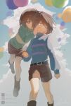  1girl 1other :d ;( \||/ absurdres ahoge ankle_boots archx09 arm_at_side backlighting balloon bare_legs belt black_belt blue_sky blue_sweater boots breasts bright_pupils brown_boots brown_hair brown_shorts center-flap_bangs chara_(undertale) closed_mouth cloud commentary cumulonimbus_cloud day denim denim_shorts double-parted_bangs english_commentary english_text expressionless feet_out_of_frame frisk_(undertale) from_below frown full_body genderswap genderswap_(otf) green_sweater hair_between_eyes hands_on_another's_cheeks hands_on_another's_face hands_up highres holding holding_balloon instagram_logo instagram_username knees_together_feet_apart legs_apart light_particles long_sleeves looking_at_another looking_at_viewer one_eye_closed open_mouth outdoors puffy_long_sleeves puffy_sleeves purple_sweater red_eyes short_hair shorts single_hair_intake sky small_breasts smile standing striped_clothes striped_sweater sweater swept_bangs tumblr_logo tumblr_username turning_head turtleneck turtleneck_sweater twitter_username twitter_x_logo two-tone_sweater undertale unused_tire utdr_(toby_fox) walking white_pupils wind yellow_eyes yellow_sweater 