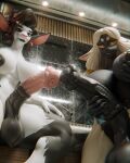 absurd_res animal_genitalia animal_penis anthro areola balls bathroom big_balls big_breasts big_penis black_areola black_balls black_lips black_nipples bovid breasts caprine dark_hair duo equine_genitalia equine_penis genitals glistening glistening_body glistening_genitalia glistening_penis glistening_skin goat grey_body gynomorph hand_on_breast hand_on_hip hand_on_penis hi_res horn intersex intersex/intersex light_hair lips looking_at_viewer mammal muscular muscular_anthro muscular_gynomorph muscular_intersex nipple_piercing nipples orange_eyes penis penis_touching piercing reinette sheep sitting stella_(leodamodeler) tonyturbo white_body wide_hips