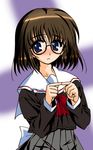  blue_eyes blush brown_hair fingers_together glasses kurihara_touko long_sleeves masutaauu nervous pleated_skirt school_uniform skirt solo tenshi_no_inai_12-gatsu 