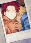  2boys absurdres blonde_hair blue_eyes blue_hoodie closed_mouth commentary_request denisefanta eustass_kid highres hood hoodie killer_(one_piece) looking_at_viewer male_focus multiple_boys one_piece orange_hoodie parted_lips photo_(object) red_hair yaoi 