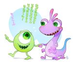  2boys colored_skin cyclops full_body green_skin looking_at_viewer mike_wazowski monster monster_focus monsters_inc. multiple_boys no_humans one-eyed open_mouth randall_boggs reptile_boy simple_background smile teeth translation_request yokotn 