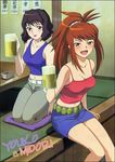  alcohol artist_request beer black_hair blush denim denim_skirt drunk kneeling lipstick makeup midriff miniskirt multiple_girls my-hime navel pencil_skirt red_hair sagisawa_youko skirt sugiura_midori 