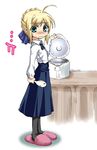  ahoge artist_request artoria_pendragon_(all) black_legwear blonde_hair blouse braid fate/stay_night fate_(series) long_sleeves pantyhose rice rice_cooker rice_spoon saber slippers solo tears 