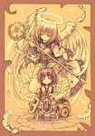 angel angel_wings border cart dagger feathered_wings feathers guard halo holding holding_dagger holding_staff holding_weapon looking_at_viewer multiple_girls pale_color ragnarok_online ribbon staff standing super_novice weapon wings xration 