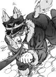  1boy all_fours animal_ears collar commentary crawling english_commentary golden_kamuy hat highres leash male_focus military_hat open_mouth pet_play pov rimmybone scar scar_on_cheek scar_on_face scar_on_mouth scar_on_nose short_hair sketch solo sugimoto_saichi tail viewer_holding_leash 