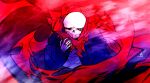  1boy :d \||/ black_sclera blue_eyes blue_jacket colored_sclera commentary crying crying_with_eyes_open dupsmj9610 english_commentary from_above genocide_route_(undertale) grid_teeth grin hand_in_pocket hand_up highres jacket long_sleeves male_focus official_alternate_eye_color open_clothes open_jacket puffy_long_sleeves puffy_sleeves red_background red_scarf sans_(undertale) scarf shirt simple_background skeleton smile snowing tears tears_from_one_eye torn_clothes torn_scarf undertale upper_body utdr_(toby_fox) white_shirt 