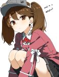  1girl absurdres bigkwl black_skirt black_socks blush brown_eyes brown_hair closed_mouth collared_shirt commentary dated dated_commentary double-parted_bangs double_horizontal_stripe feet_out_of_frame grey_hat hair_between_eyes hat highres jacket kantai_collection kneehighs knees_up long_hair long_sleeves looking_at_viewer miniskirt one-hour_drawing_challenge pink_jacket pleated_skirt ryuujou_(kancolle) shirt simple_background sitting skirt socks solo striped_clothes striped_skirt twitter_username white_background white_shirt 